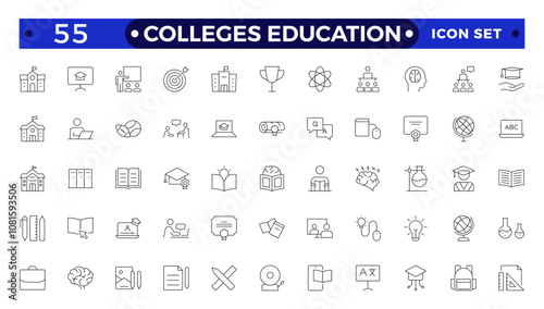 Colleges education icons. School, University, Back to school, Classroom, students and teacher. Science Education and knowledge outline icon.
