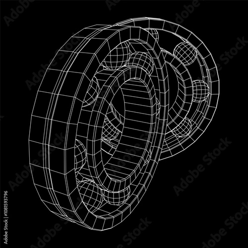 Roller bearing. Circular round rotating bearings used in industry for heavy equipment mechanical work and engineering. Wireframe low poly mesh vector illustration.