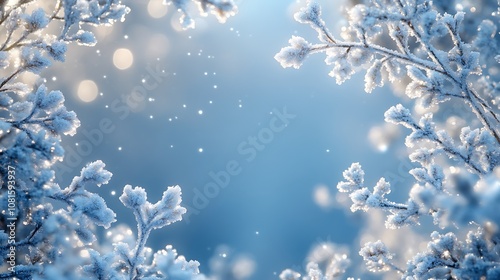 Snow-covered winter branches with icicles and snowflakes, forming a Christmas border around a central blank area, cool tones, soft shadow effect, delicate details, hd quality. --ar 16:9 photo