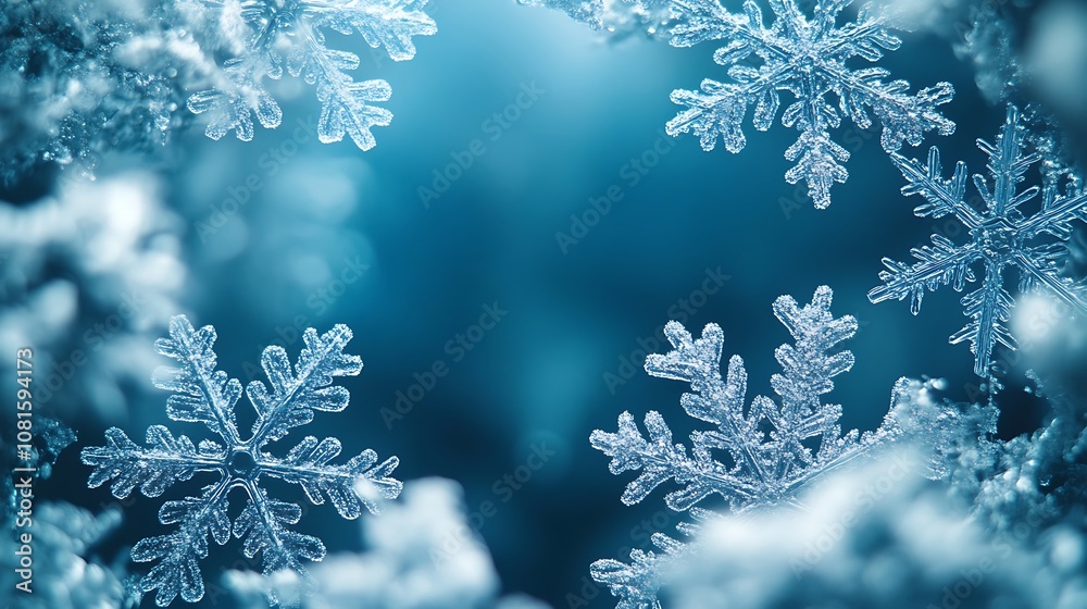 Snowflake-themed border with detailed white and silver snowflakes of various sizes, surrounding a central blank copy space, cool blue tones, soft highlights, hd quality, crisp winter atmosphere. Snowflake-themed border with detailed white and silver snowflakes of various sizes, surrounding a central blank copy space, cool blue tones, soft highlights, hd quality, crisp winter atmosphere.
