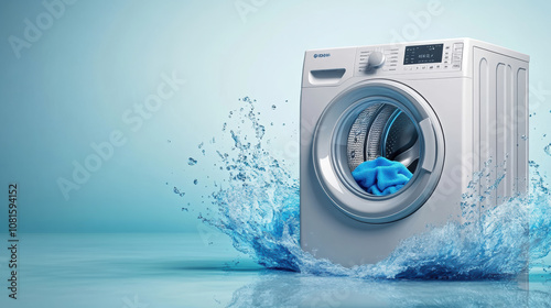 Washing machine with splashing water for cleaning clothes on blue background with copy space. photo