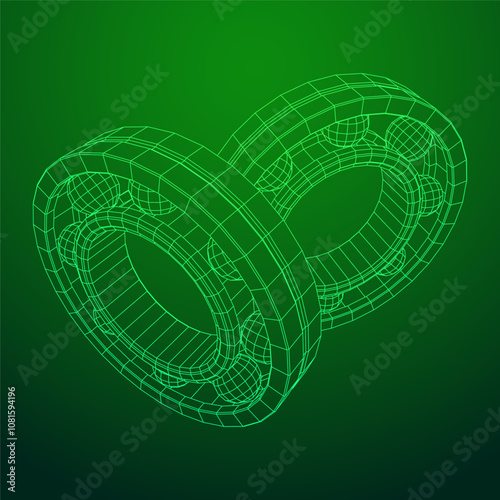 Roller bearing. Circular round rotating bearings used in industry for heavy equipment mechanical work and engineering. Wireframe low poly mesh vector illustration.