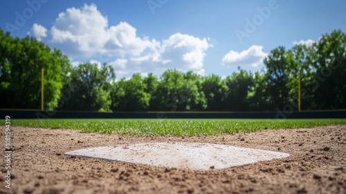 A baseball diamond with detailed infield and base areas, outdoor setting with clear sky, Classic style