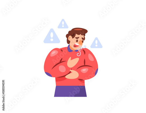 illustration of a man looking hard to breathe. shortness of breath, asthma symptoms and lung disease. facial expressions and gestures. respiratory system disorders. health problems. flat style