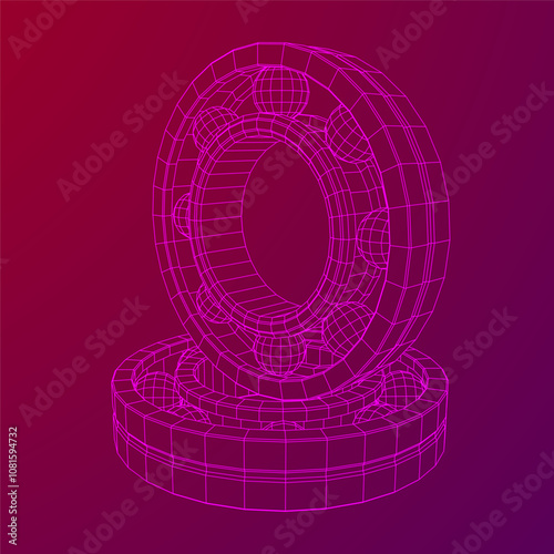 Roller bearing. Circular round rotating bearings used in industry for heavy equipment mechanical work and engineering. Wireframe low poly mesh vector illustration.