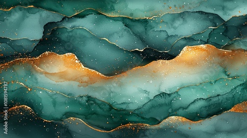 Wallpaper Mural Abstract artwork featuring flowing waves in teal, gold, and green hues. Torontodigital.ca