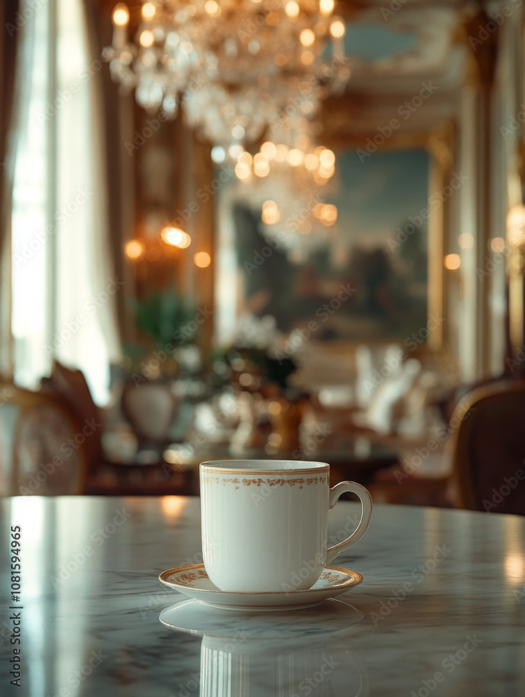 A delicate white porcelain teacup with a gold rim sits on a marble table, reflecting the ambient light from a chandelier in the background. A delicate white porcelain teacup with a gold rim sits on a marble table, reflecting the ambient light from a chandelier in the background.