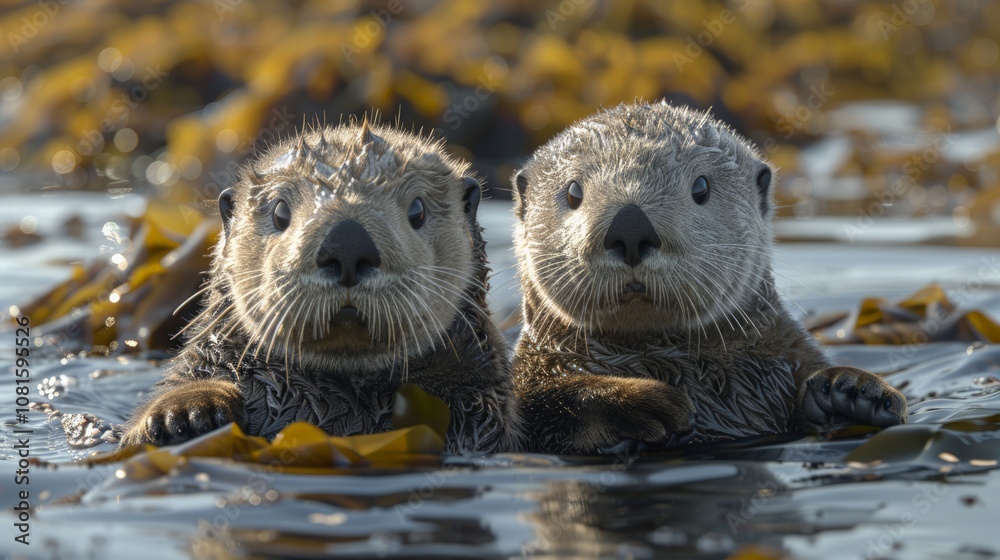Pair of playful sea otters floating on their backs, holding hands, surrounded by floating kelp in a peaceful bay. Pair of playful sea otters floating on their backs, holding hands, surrounded by floating kelp in a peaceful bay.