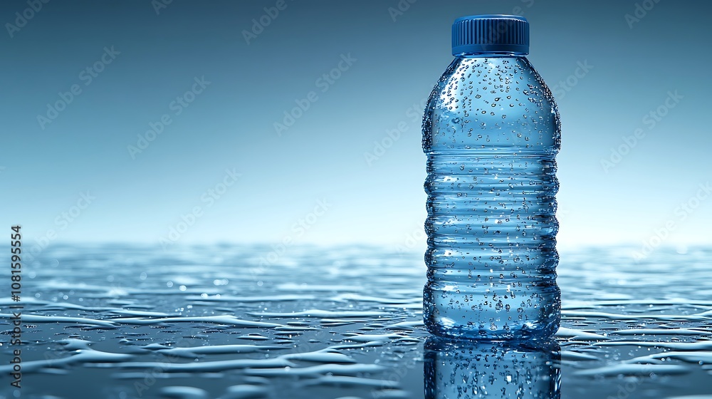 A single plastic bottle of water with condensation on a wet surface. A single plastic bottle of water with condensation on a wet surface.