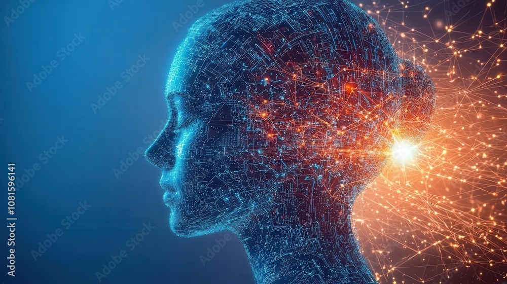 A futuristic representation of a digital human head with glowing connections A futuristic representation of a digital human head with glowing connections