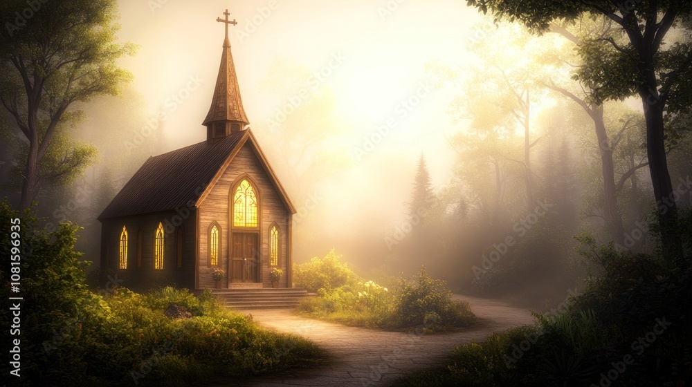 A serene, misty forest scene featuring a quaint church with glowing windows. A serene, misty forest scene featuring a quaint church with glowing windows.