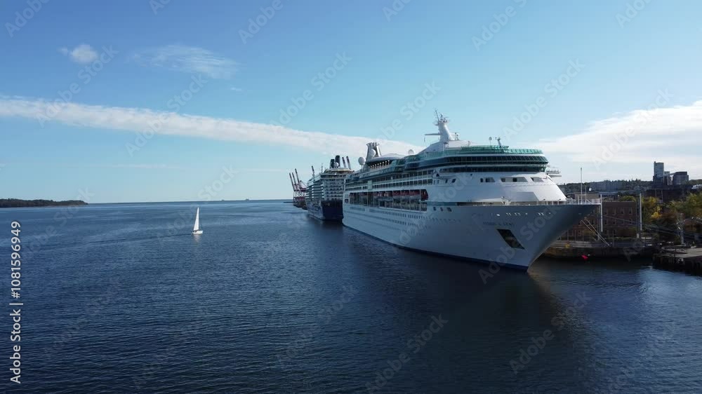 Drone view of a cruise ship in the Atlantic Ocean harbor, moored at the port Halifax, Canada. October. 2024. Drone view of a cruise ship in the Atlantic Ocean harbor, moored at the port Halifax, Canada. October. 2024.