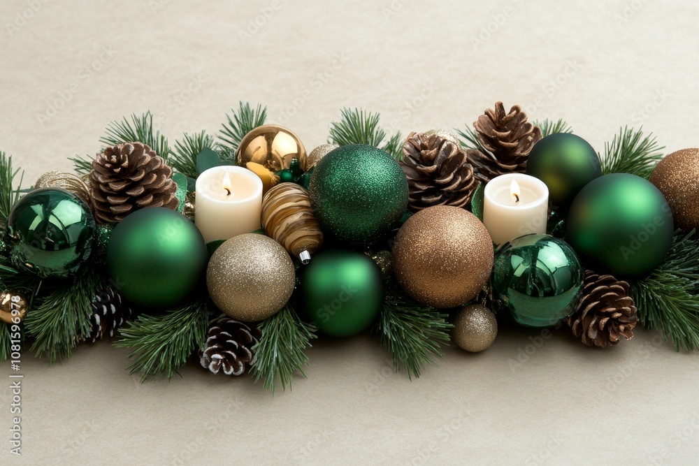 Festive table with a centerpiece of pine branches, candles, and ornaments, cozy and elegant holiday vibe Festive table with a centerpiece of pine branches, candles, and ornaments, cozy and elegant holiday vibe