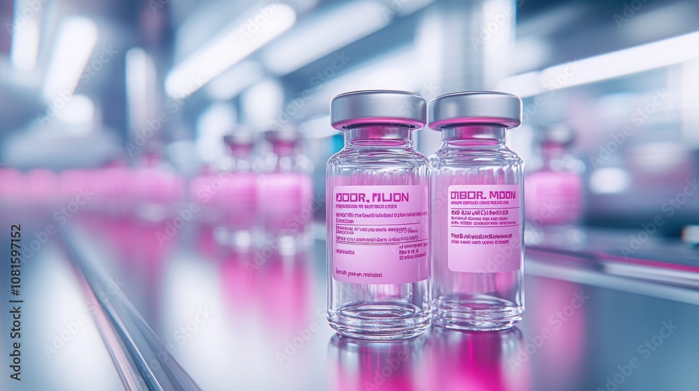 Two clear glass vials with pink labels on a silver conveyor belt. Two clear glass vials with pink labels on a silver conveyor belt.
