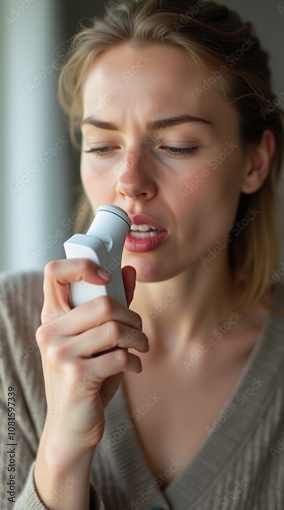 Woman Using Asthma Inhaler for Relief in Home Environment Woman Using Asthma Inhaler for Relief in Home Environment