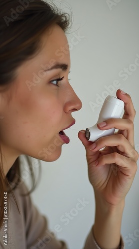Woman Using Asthma Inhaler for Respiratory Health and Relief