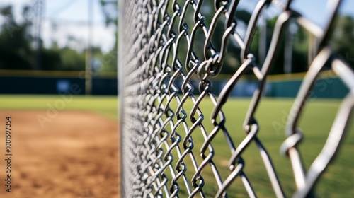 A baseball diamond's outfield fence, outdoor setting with grass backdrop, Dynamic style