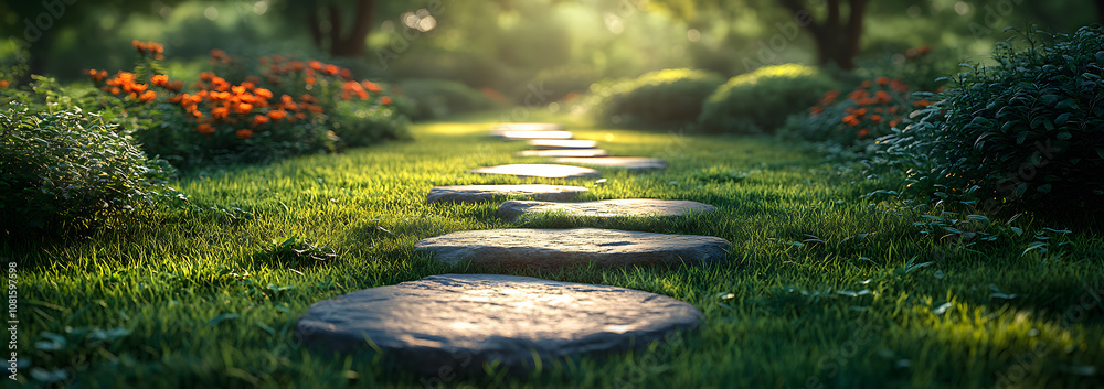 A winding stone path leads through lush green grass surrounded by diverse plants and trees, creating a tranquil natural landscape.
A winding stone path leads through lush green grass surrounded by diverse plants and trees, creating a tranquil natural landscape.