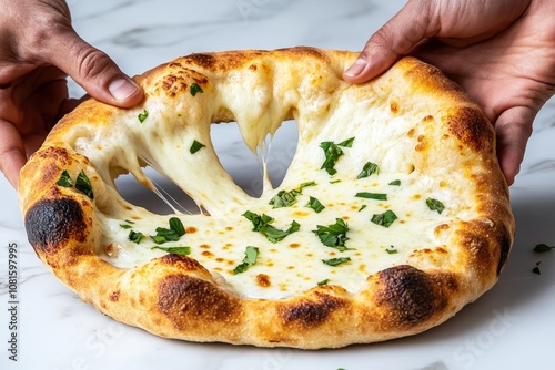 Hands pulling apart a cheese-stuffed crust pizza, showing gooey cheese stretching from the crust