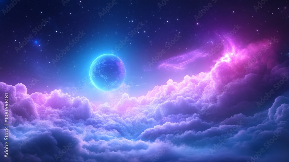 Stunning Cosmic Scene of Vibrant Clouds with a Radiant Blue Moon Surrounded by Stars and Celestial Highlights Against a Deep Space Backdrop Stunning Cosmic Scene of Vibrant Clouds with a Radiant Blue Moon Surrounded by Stars and Celestial Highlights Against a Deep Space Backdrop