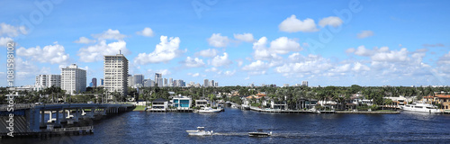 Panoramic view of downtown Fort Lauderdale skyline, as seen from the beach and Las Olas Boulevard. in Fort Lauderdale, Florida, USA. 