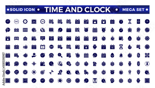 Time icon set. Timer, alarm, schedule, hourglass, clock icons. Solid time and clock icon collection.
