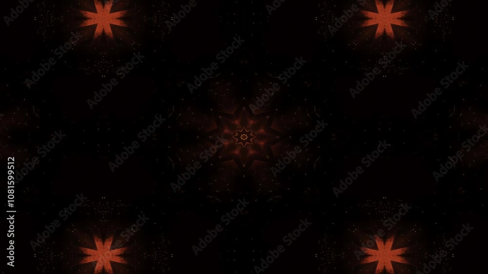 A symmetrical, fiery kaleidoscopic pattern with star-like shapes and a dark background.