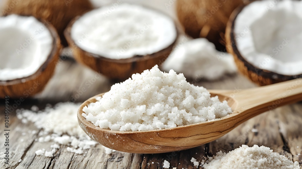 Natural Coconut Sugar, Coconut Sugar in Wooden Spoon Surrounded by Organic Gluten-Free Ingredients Natural Coconut Sugar, Coconut Sugar in Wooden Spoon Surrounded by Organic Gluten-Free Ingredients