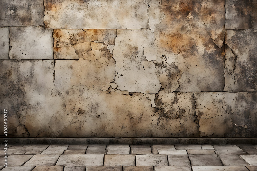 Fototapeta premium Aged stone wall with a layer of grime smooth but worn floor tiles grunge division, Ai Generated