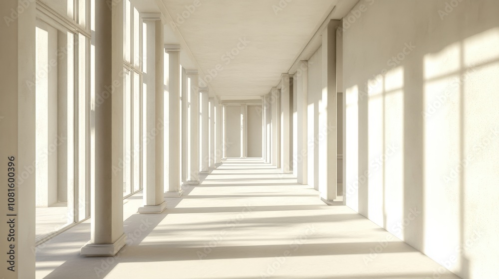 A White, Sunlit Corridor with Columns and Windows A White, Sunlit Corridor with Columns and Windows
