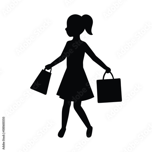 Shopping Girl Silhouette Vector Illustration – Fashionable Female Shopper Design for Retail and E-commerce