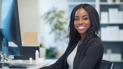 Smiling Black Woman Sitting at Desk in Office