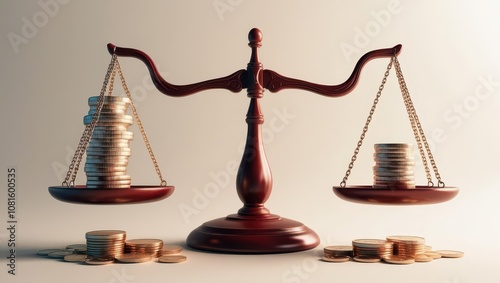Economic risk with inflation and fluctuation concept. A wooden scale balanced with stacks of coins, symbolizing the concept of justice, equity, and financial balance.