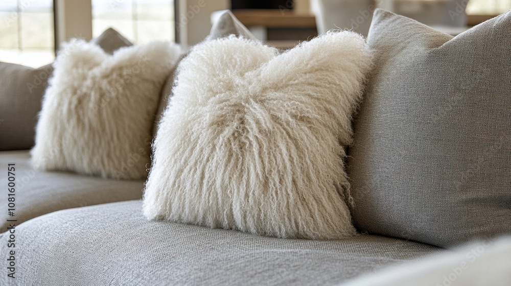 Two white fluffy pillows on a grey couch. Two white fluffy pillows on a grey couch.