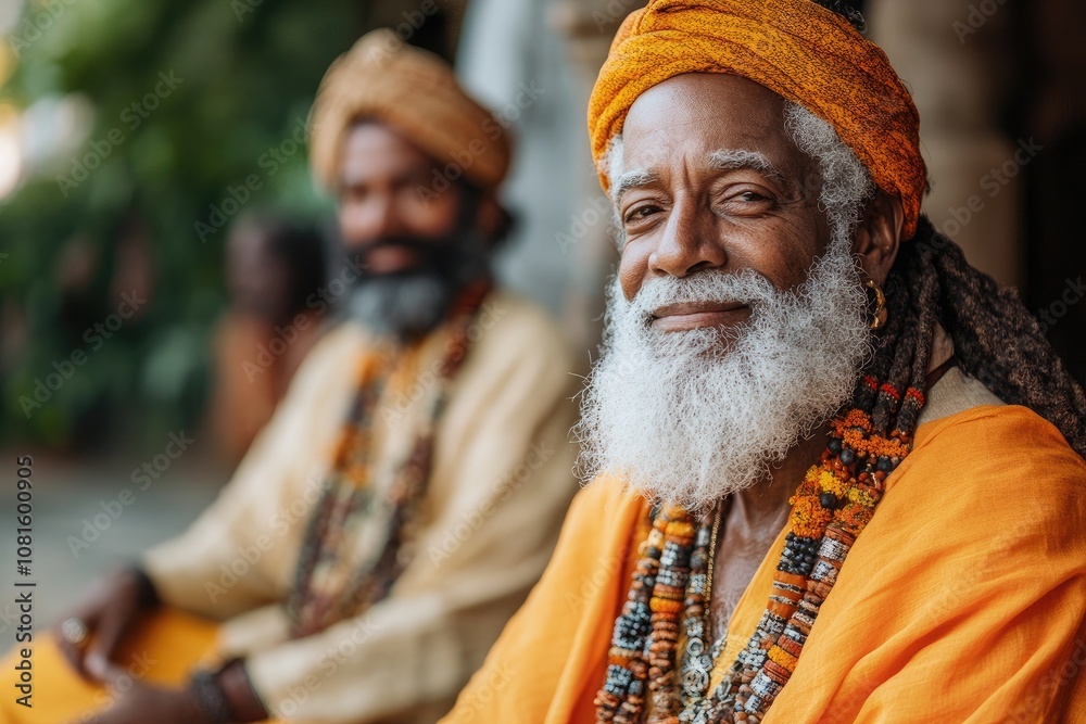Fototapeta premium Smiling sadhu wearing orange turban and beaded necklaces posing in temple