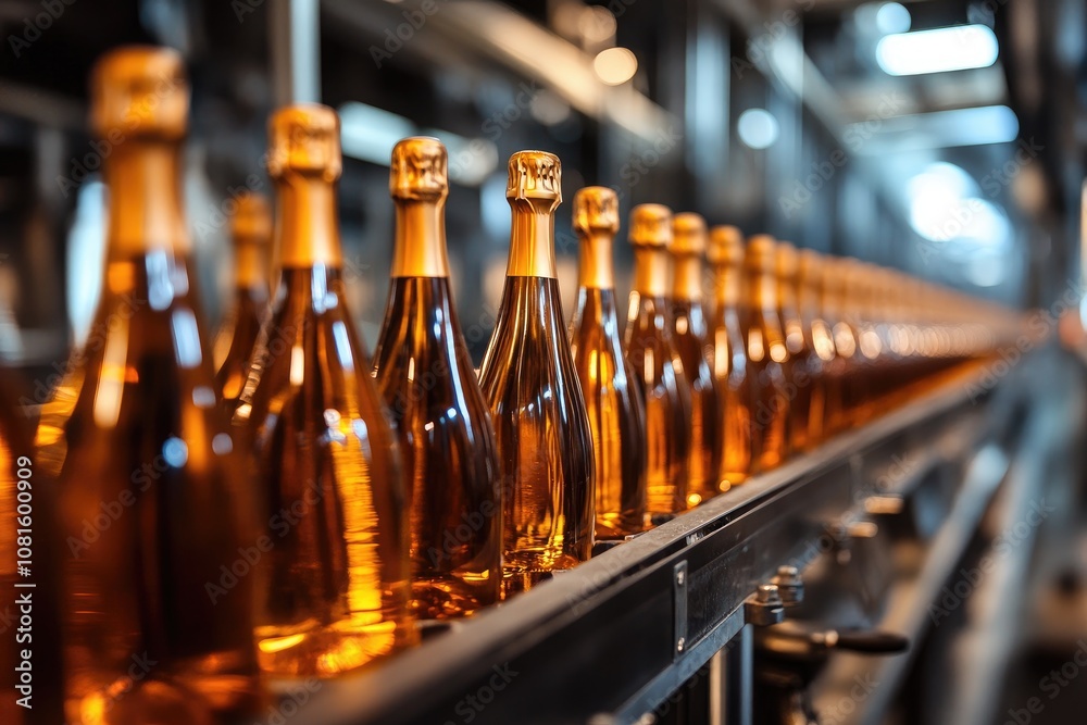 Sparkling wine bottles on production line in a factory Sparkling wine bottles on production line in a factory