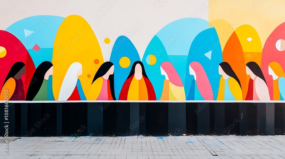 Obraz premium Colorful Mural Featuring Diverse Women in Abstract Style
