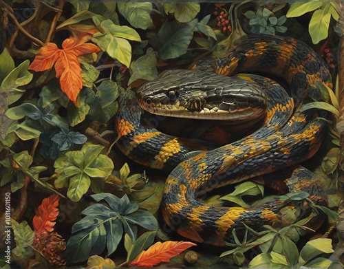 Close-up of copperhead snake in the leaves 