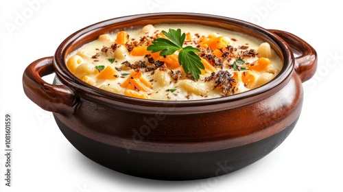 Delicious creamy soup in a rustic bowl, garnished with herbs and vegetables.