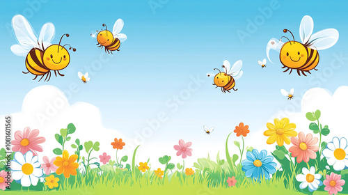 Five cartoon bees flying above a field of colorful flowers against a bright blue sky with white clouds.