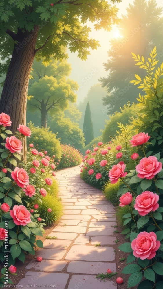 A path lined with pink flowers leads to a garden A path lined with pink flowers leads to a garden
