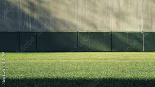 A baseball field's outfield wall with grass and wall padding details, outdoor setting with late afternoon sun, Earthy style