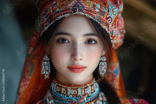 Beautiful vietnamese woman wearing traditional costume and jewelry