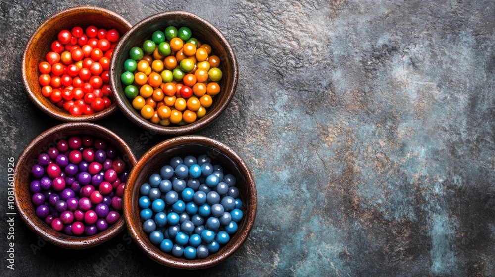 Colorful round beads arranged in four bowls on a textured surface. Colorful round beads arranged in four bowls on a textured surface.