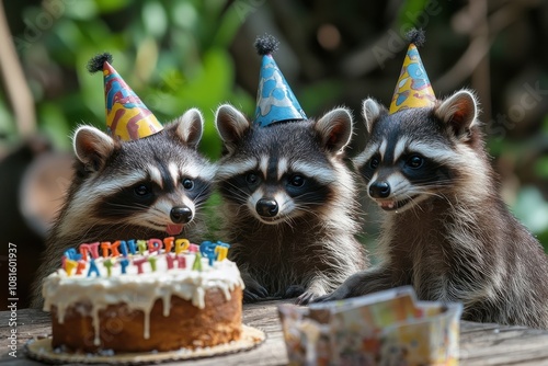 Three raccoons are sitting on a table with a birthday cake in front of them photo