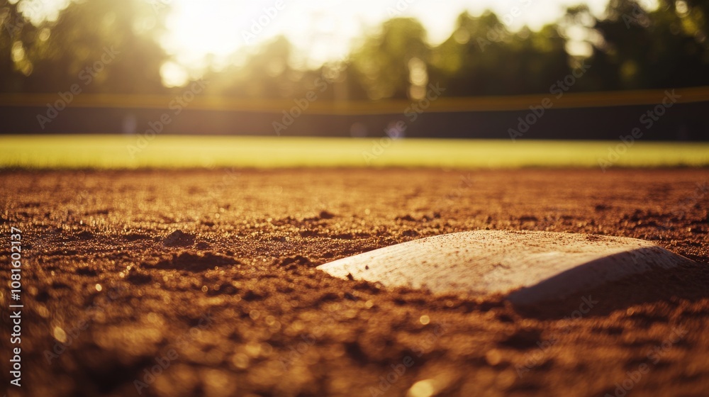 A baseball field's pitcher's rubber with focus on the chalk and dirt mound, outdoor setting with late afternoon sun, Warm style A baseball field's pitcher's rubber with focus on the chalk and dirt mound, outdoor setting with late afternoon sun, Warm style