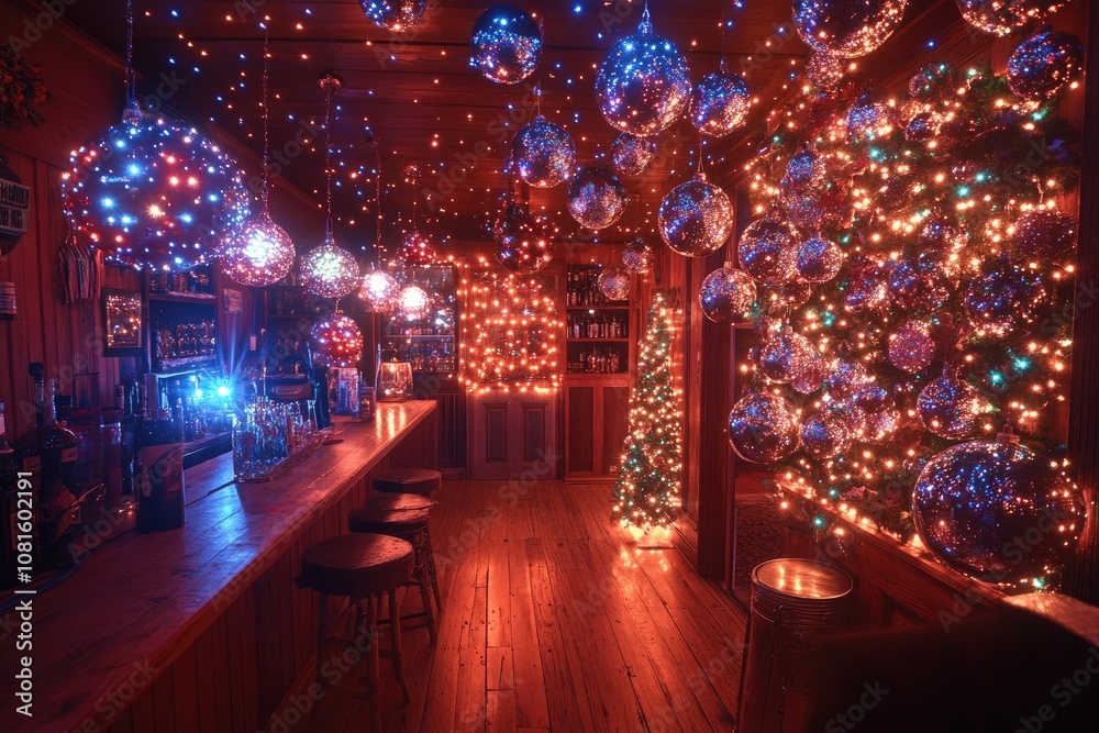 Christmas lights and disco balls decorating a festive pub interior