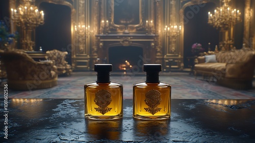 Two bottles of luxury perfume on a table in a grand living room with fireplace and opulent decor.