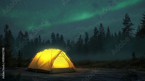 Illuminated yellow camping tent beneath enchanting green northern lights in adventure landscape