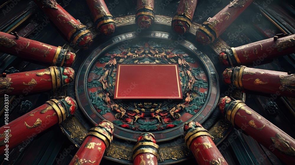 Fototapeta premium Intricate Architectural Design Featuring Ornate Columns, Elaborate Decorative Elements, and Rich Red and Gold Color Palette in a Traditional Setting
